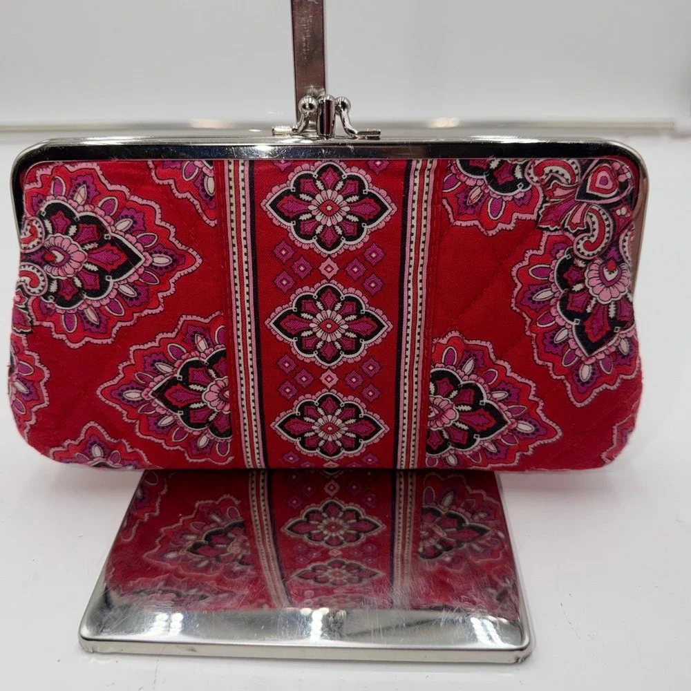 Vera Bradley Red Floral Kiss Lock Clutch Wallet Pouch Cosmetic Bag